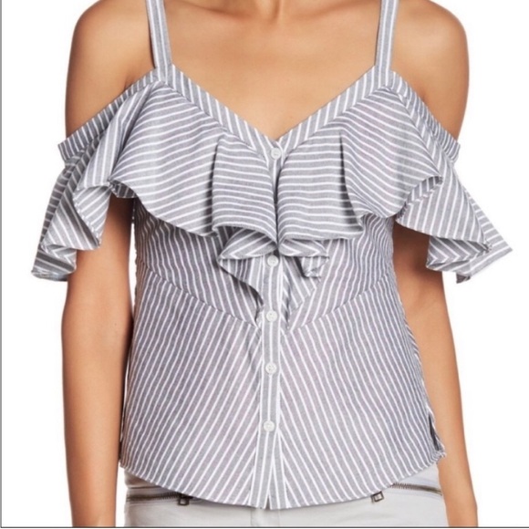 Veronica Beard Grant Off-Shoulder Ruffle Gray/White Striped Top Size 10 Medium - Picture 1 of 12